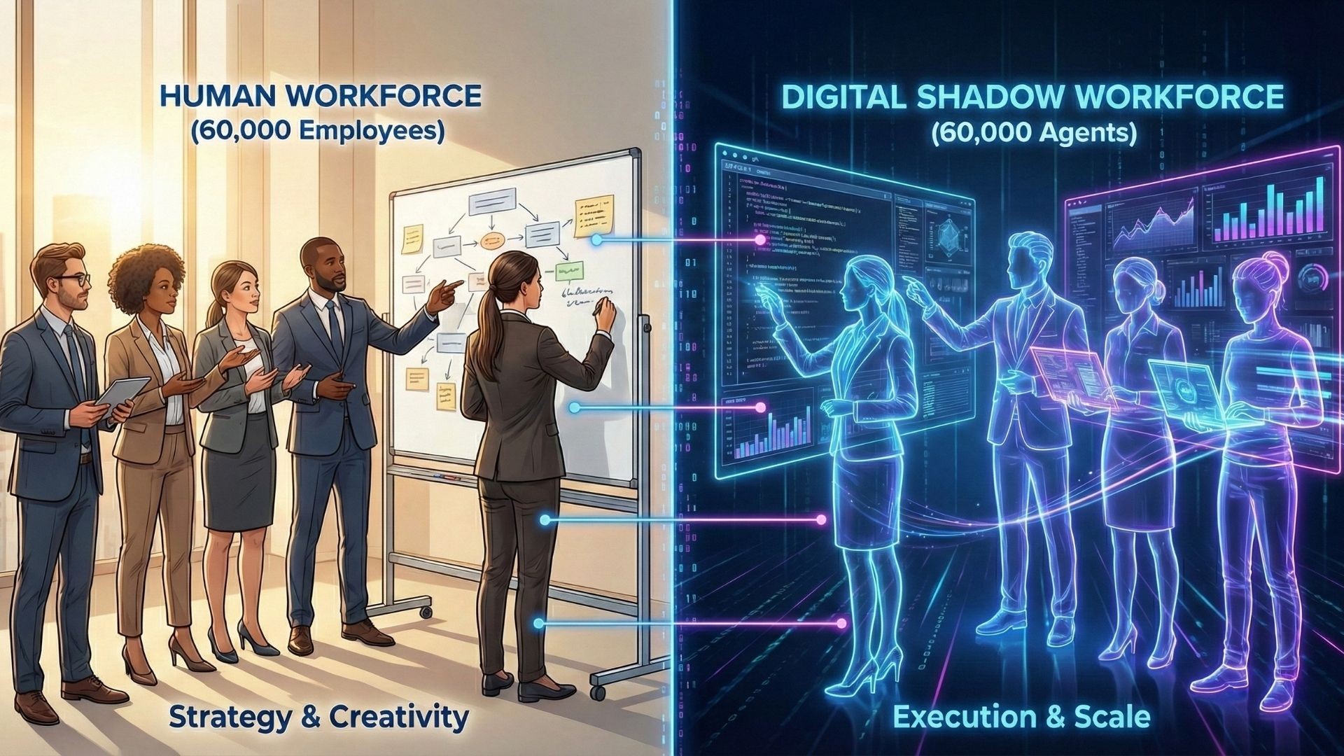 A split-panel infographic illustrating the 1:1 Ratio strategy. The left panel shows a human workforce labeled 'HUMAN WORKFORCE (60,000 Employees)' focused on 'Strategy & Creativity'. The right panel shows 60,000 ai agents