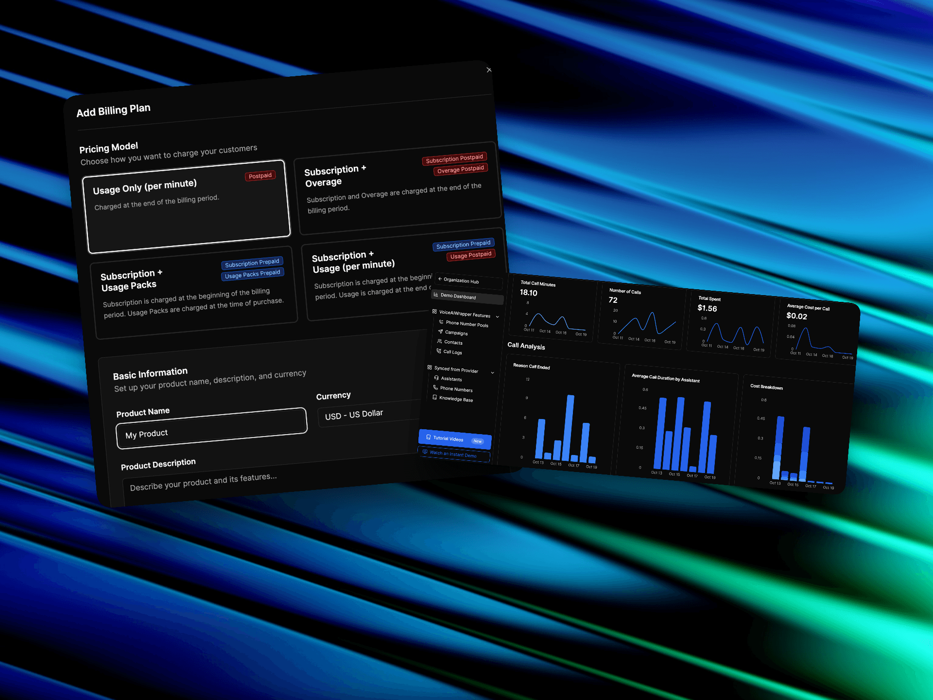 VoiceAIWrapper white label voice AI agency pricing showing flexible billing plans with real-time call analytics metrics | VoiceAIWrapper