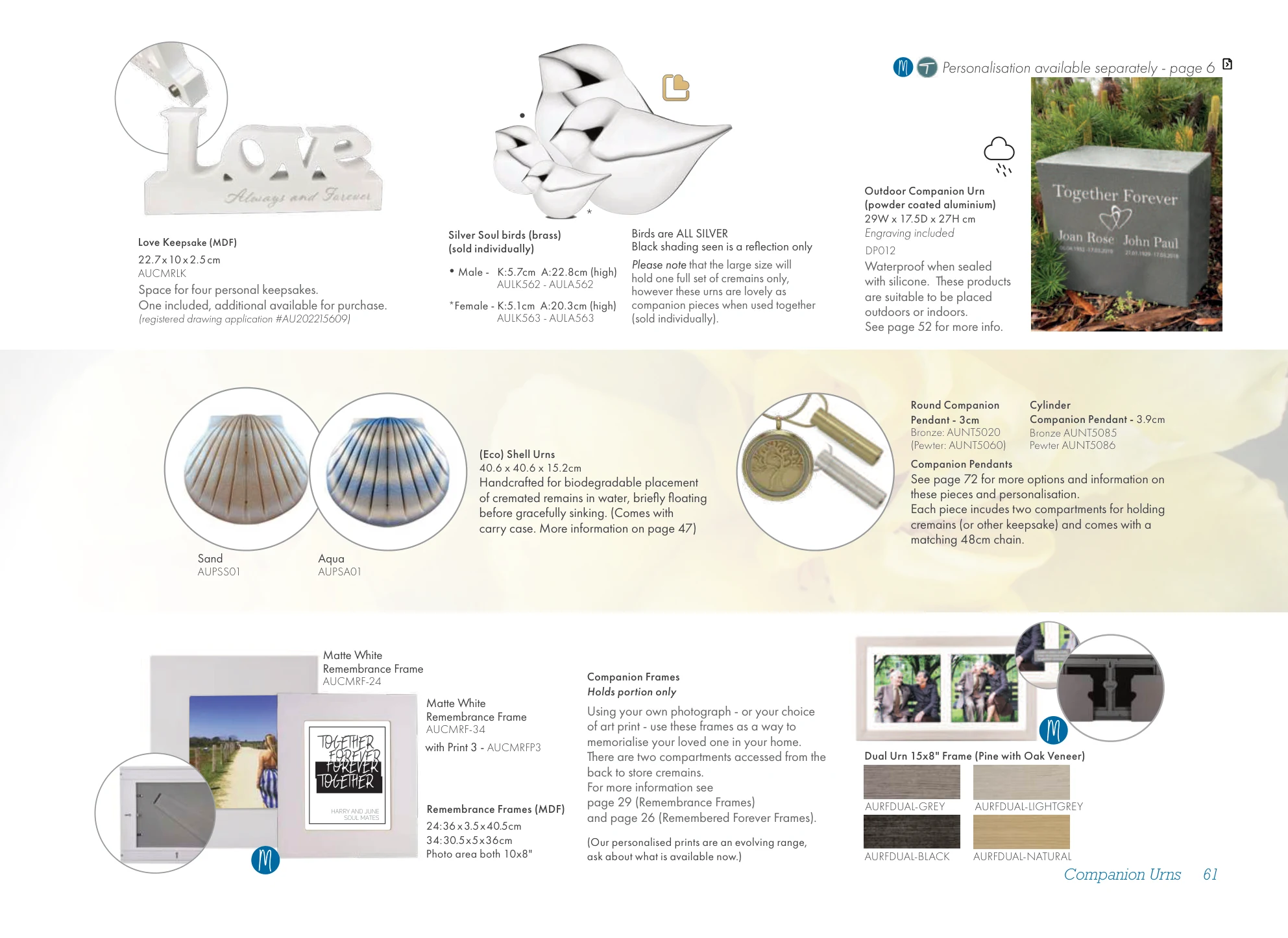 Companion Birds & Keepsakes – product details and codes