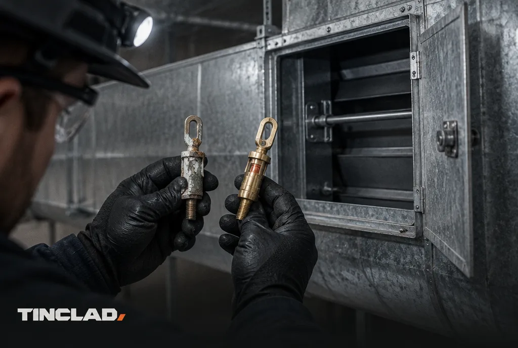 Technician replacing a fire damper's fusible link.