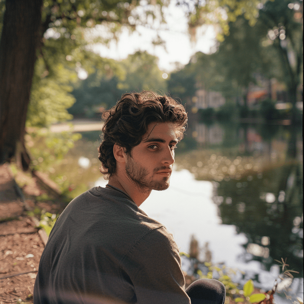 A young man with curly dark hair and a beard sits by a serene lake, looking over his shoulder with a thoughtful expression. The background features lush greenery and reflections of trees in the water