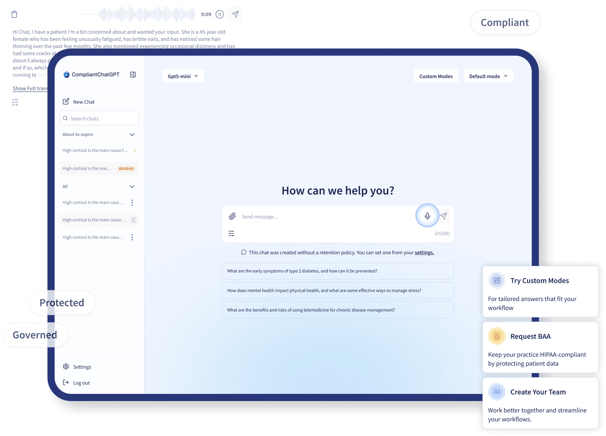 CompliantChatGPT chat interface showing a user uploading a document for SOAP formatting, with the response highlighting the user's name to ensure HIPAA compliance and secure patient data management in healthcare AI solutions.