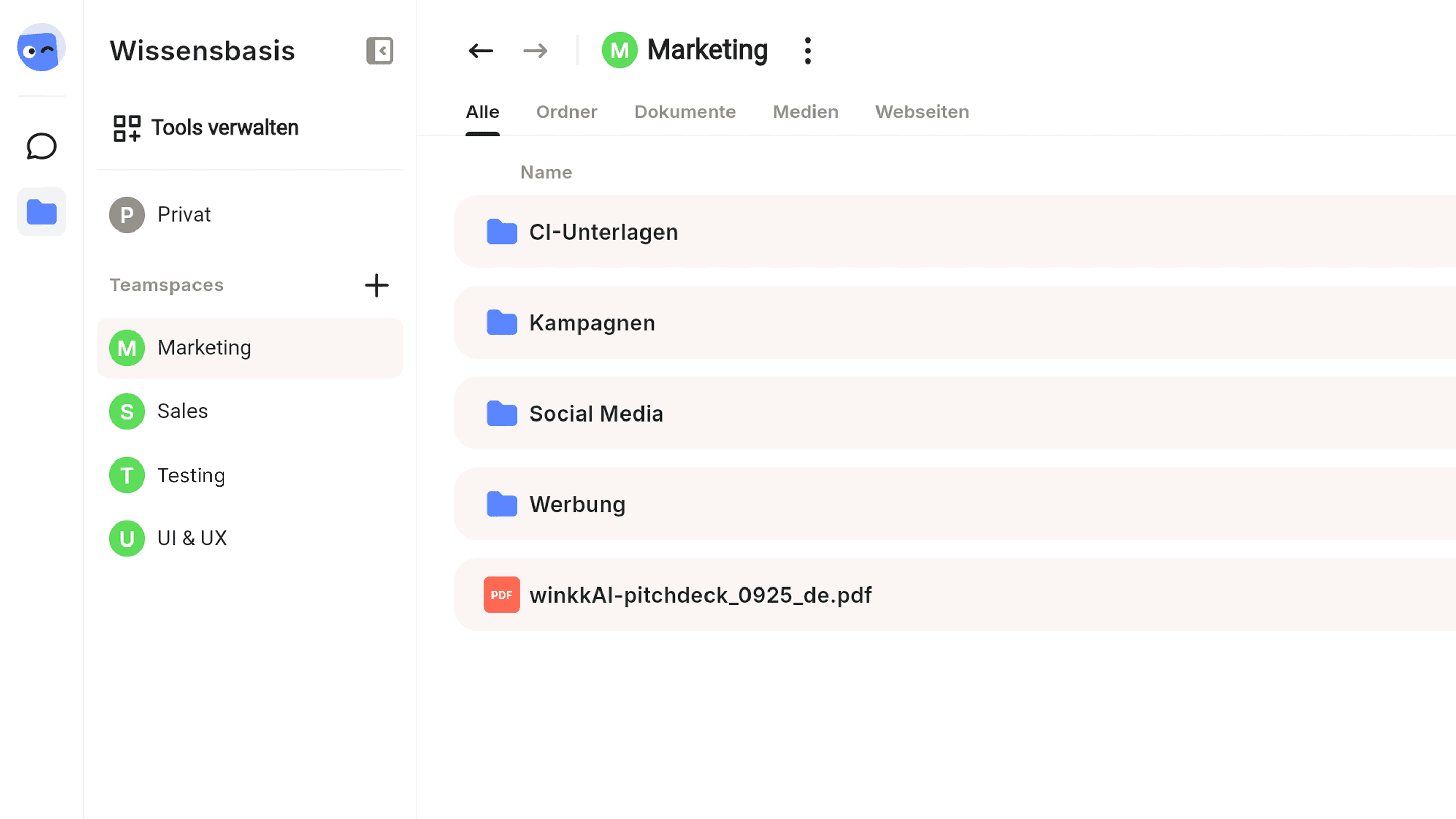 Beispielansicht von fiktiven Ordnern in der winkk AI Wissensbasis.