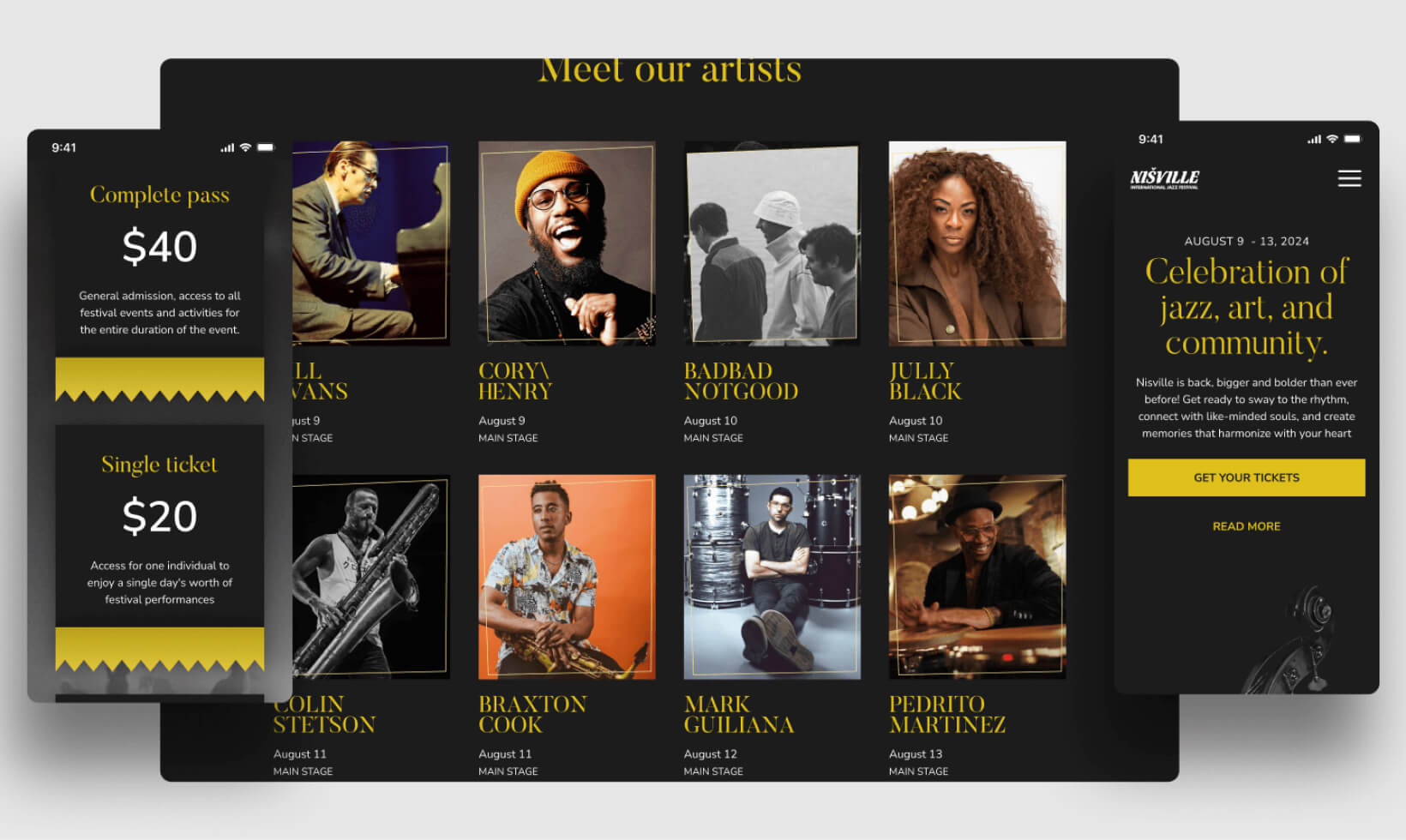 Nisville Jazz festival website redesign — modern artist cards, ticket options, and improved visual hierarchy for better user engagement.