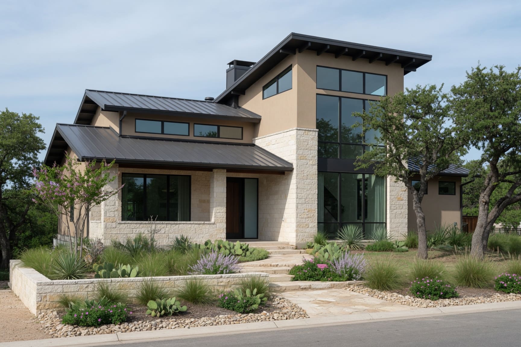 Contemporary stone and metal roof home exterior with native landscaping