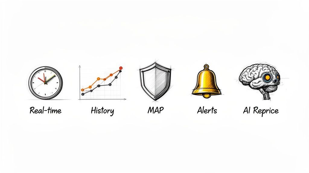 Icons representing real-time, history, MAP, alerts, and AI reprice features of a competitive monitoring software.