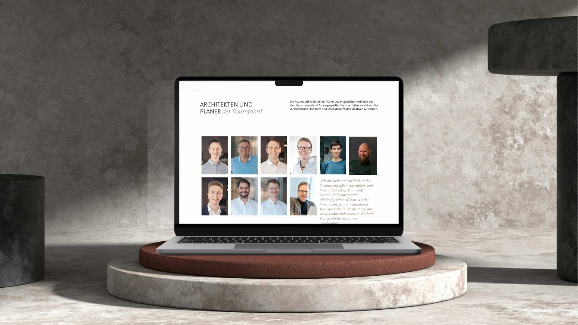 Raumfabrik-Website mit architekturbezogenem Layout, großflächigen Bildern und klarer Markenbotschaft