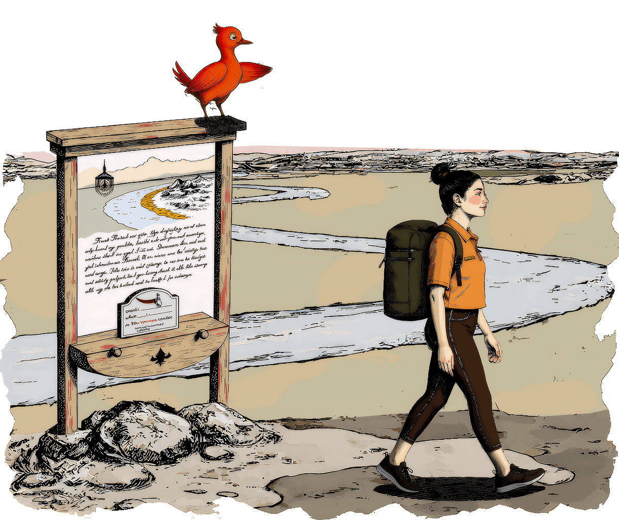 Illustration of lawyer on path with bird on signpost, representing lawyer website development services.