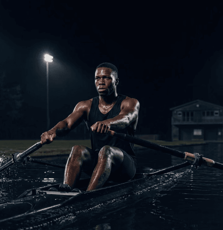 Man in black track suit on a track. Coaching or athlete.