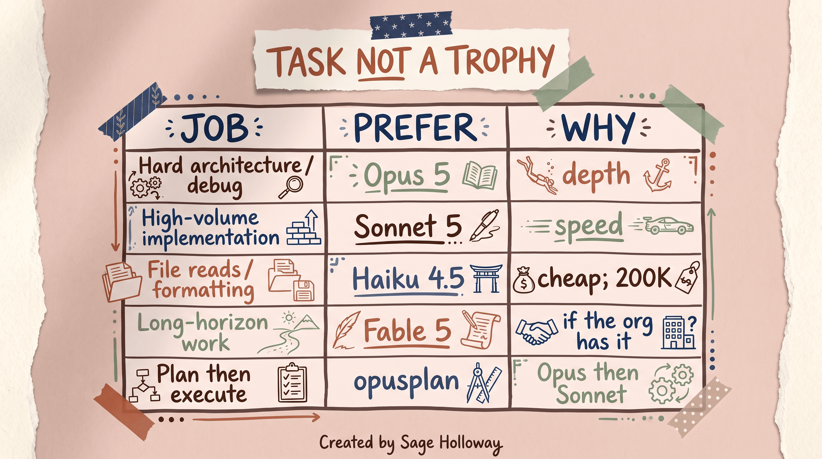 Table of which Claude model is best for coding by task: Opus 5, Sonnet 5, Haiku 4.5, and Fable 5