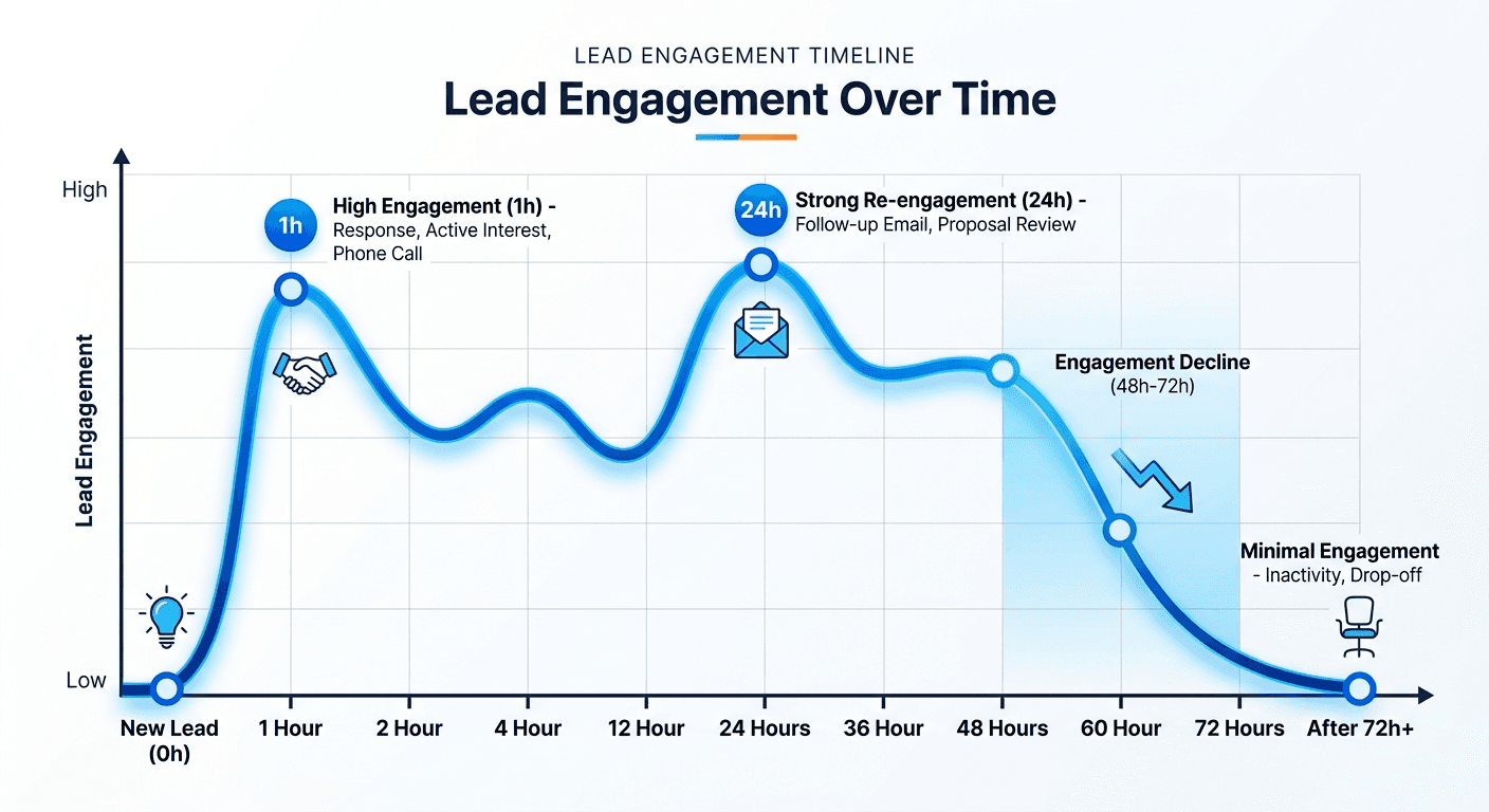 Lead response rate decreasing as follow-up delay increases from 24 to 72 hours