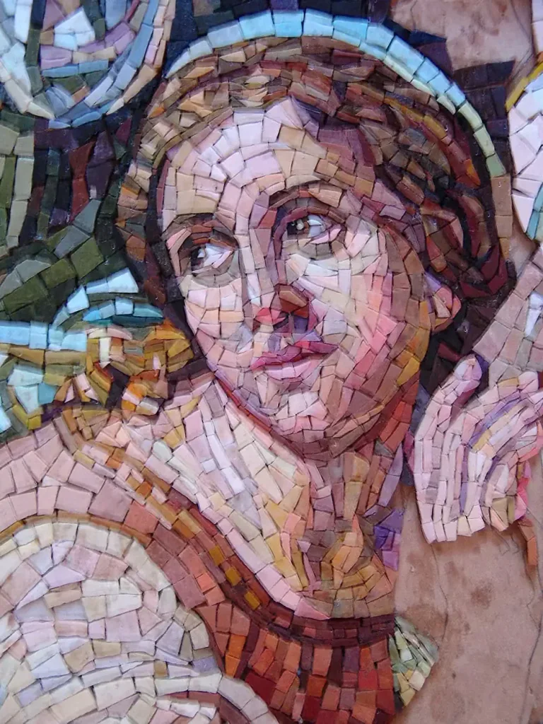 Religious mosaic of Mary Magdalene inspired by John 8:7, created with colorful tiles.