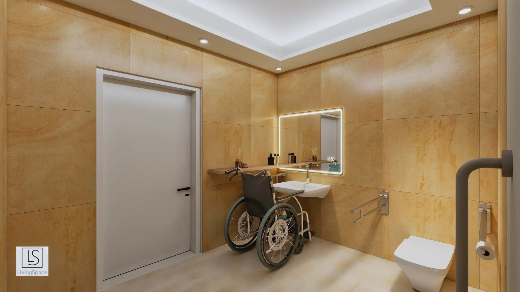 Barrierefreies Badezimmer mit beigen Fliesen, Waschbecken mit Spiegel, Toilette mit Haltegriffen und Rollstuhl davor.