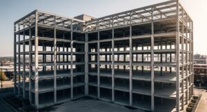 Steel-frame multi-storey building under construction, showcasing exposed beams and unfinished floors. Set against an urban backdrop, the skeletal structure illustrates the early phase of architectural development, with no cladding, walls, or windows installed.