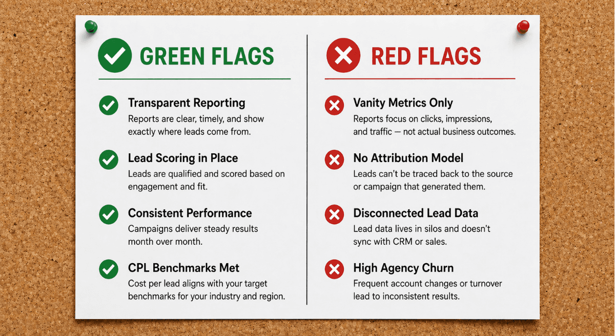 Green flag and red flag checklist for evaluating how many leads should marketing generate with a marketing agency