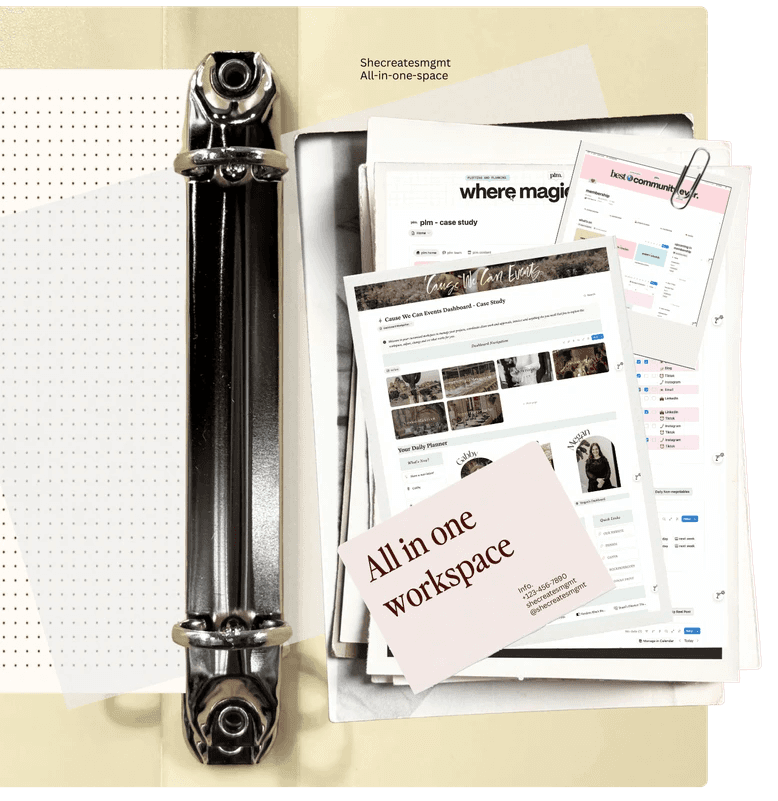 Custom Notion workspace dashboard and client portal shown in a binder-style collage for service businesses