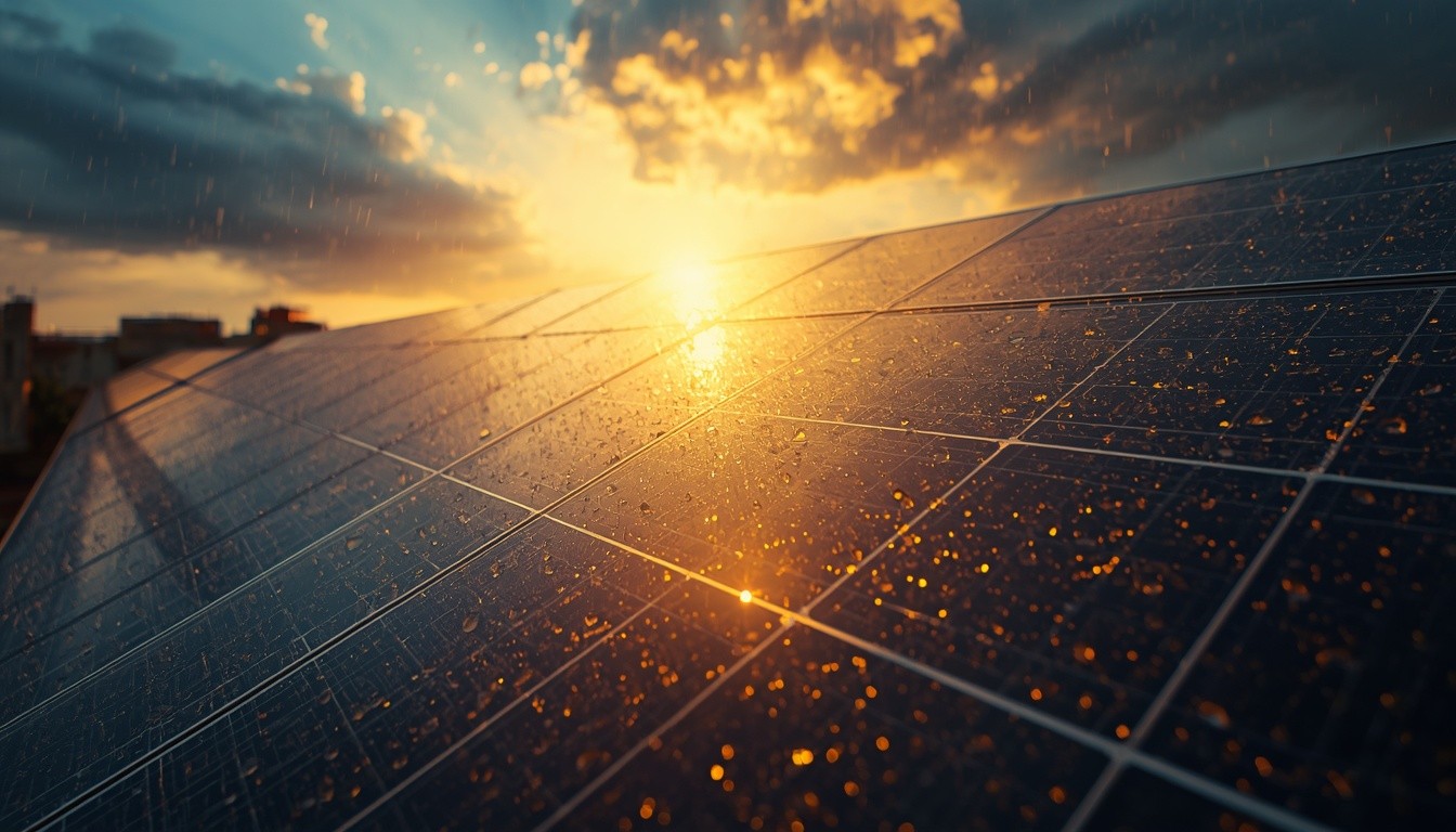 Solar panels working during monsoon rain season India Karnataka Arush Solar Tech