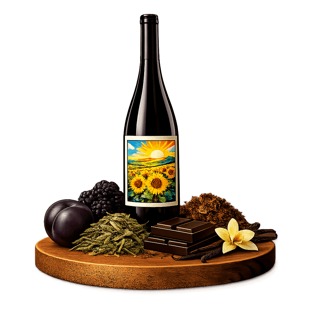 Artistic label and flavor profile for Krasnodar Merlot on a rustic wooden table.