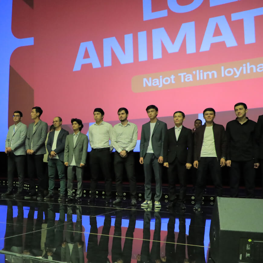 A series of images from Lola Animation's presentation at the Alisher Navoiy Kinochilar Uyi, showcasing a large Lola Animation Studio banner with cartoon characters, a speaker addressing the audience, a group of people on stage with a "Lola Animation" backdrop, individuals conversing in a red-walled room, a crowded auditorium watching a presentation, and two men in suits discussing during the event.