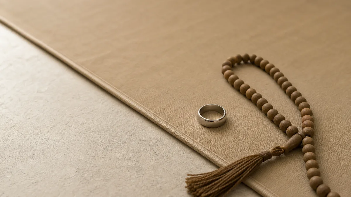 Plain silver smart tasbih ring and misbaha resting together at the edge of a prayer mat