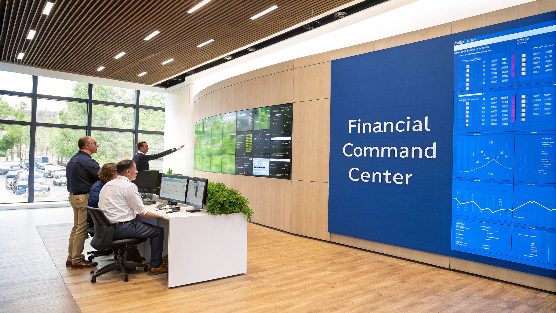 A team collaborates in a financial command center, analyzing data on multiple large screens.