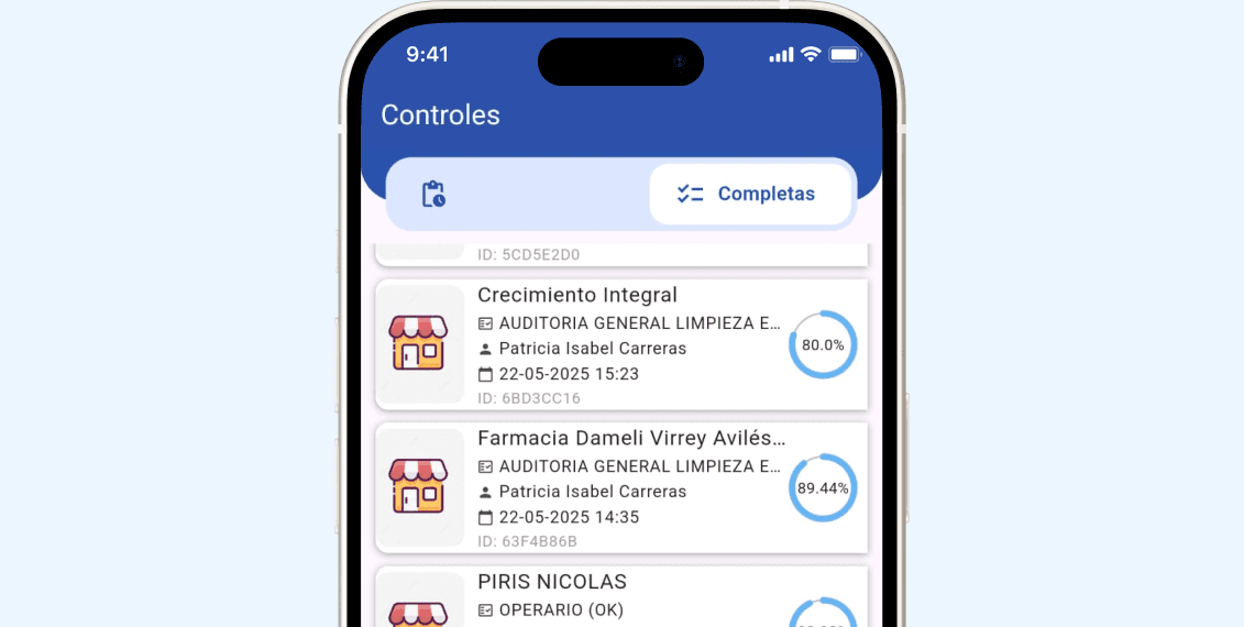 Aplicación de auditorías Full Audits abierta en un celular mostrando auditorías completadas