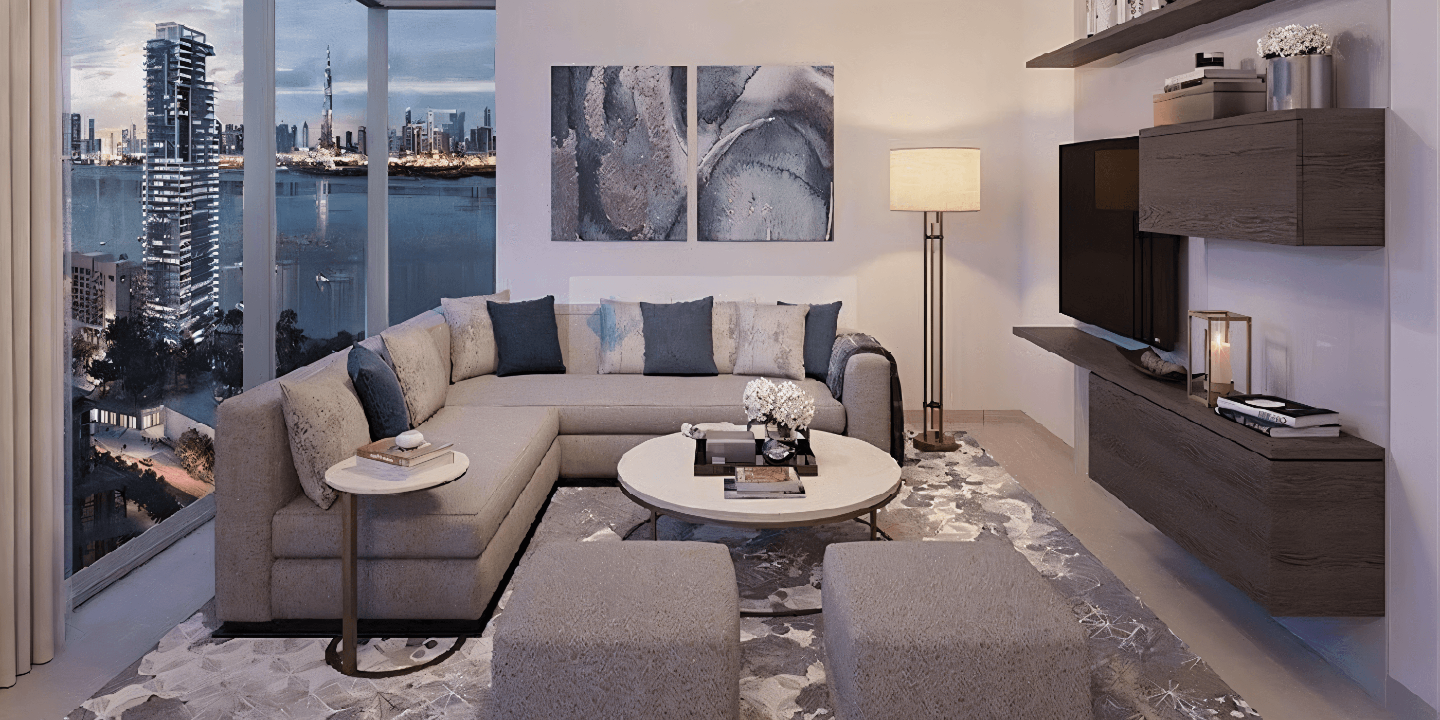 Stylish living room and dining area in a condo, showcasing modern design elements by Emaar.