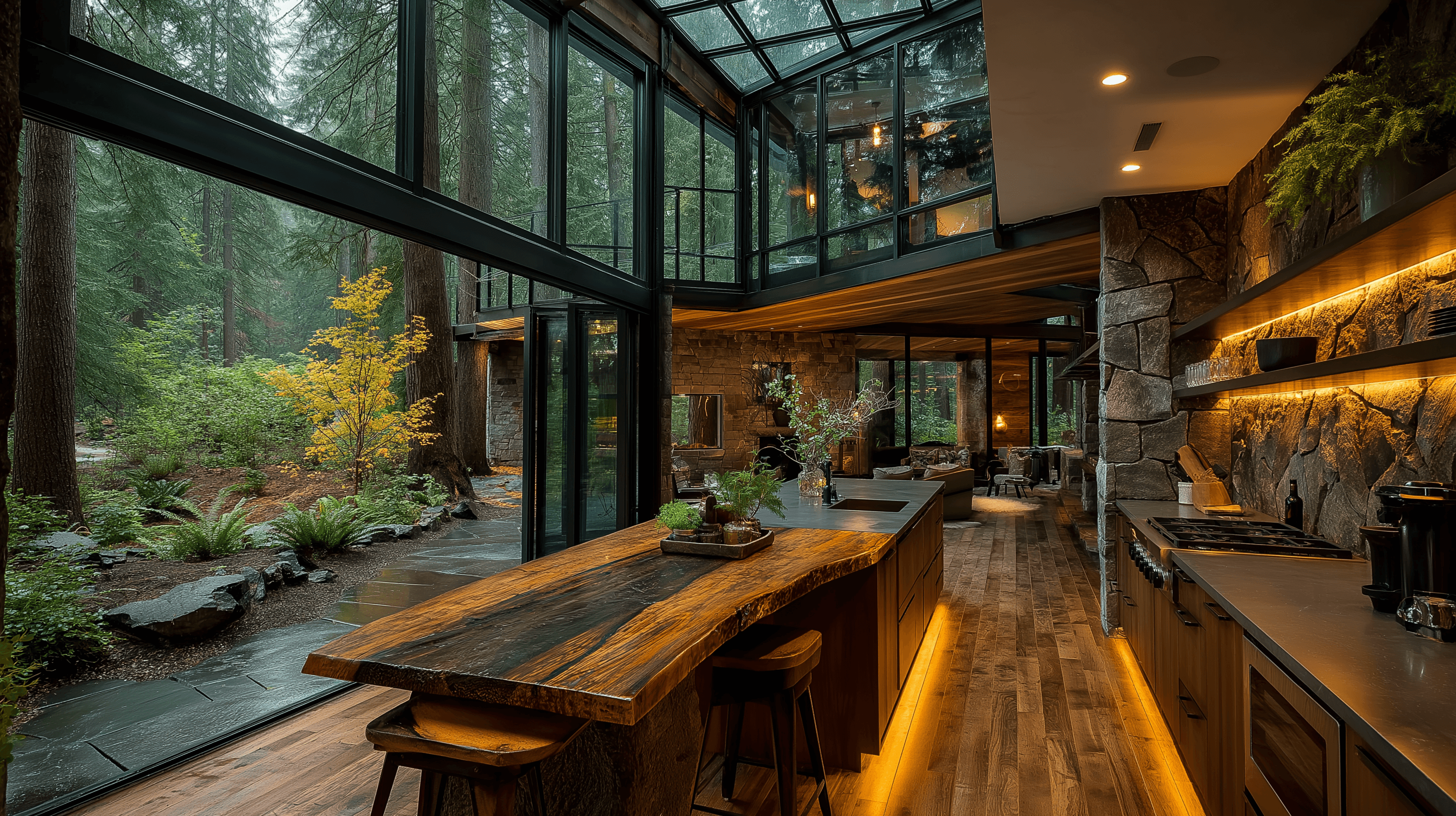 Modern luxury kitchen featuring a live-edge wood and dark stone island, rough stone walls with under-cabinet lighting, and large folding glass doors opening directly into a lush forest.