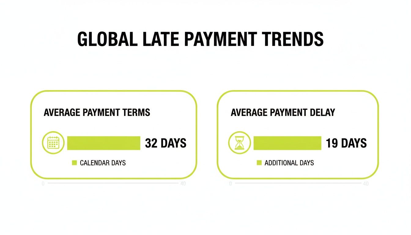 Infographic showing global late payment trends, with average payment terms of 32 days and an average delay of 19 additional days.