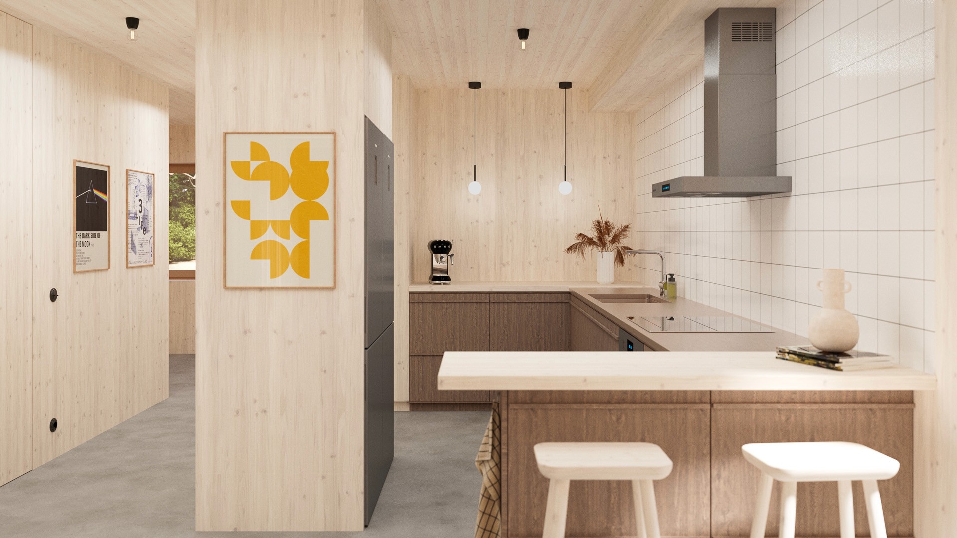 Detail view of kitchen island and bar seating, with graphic yellow wall poster