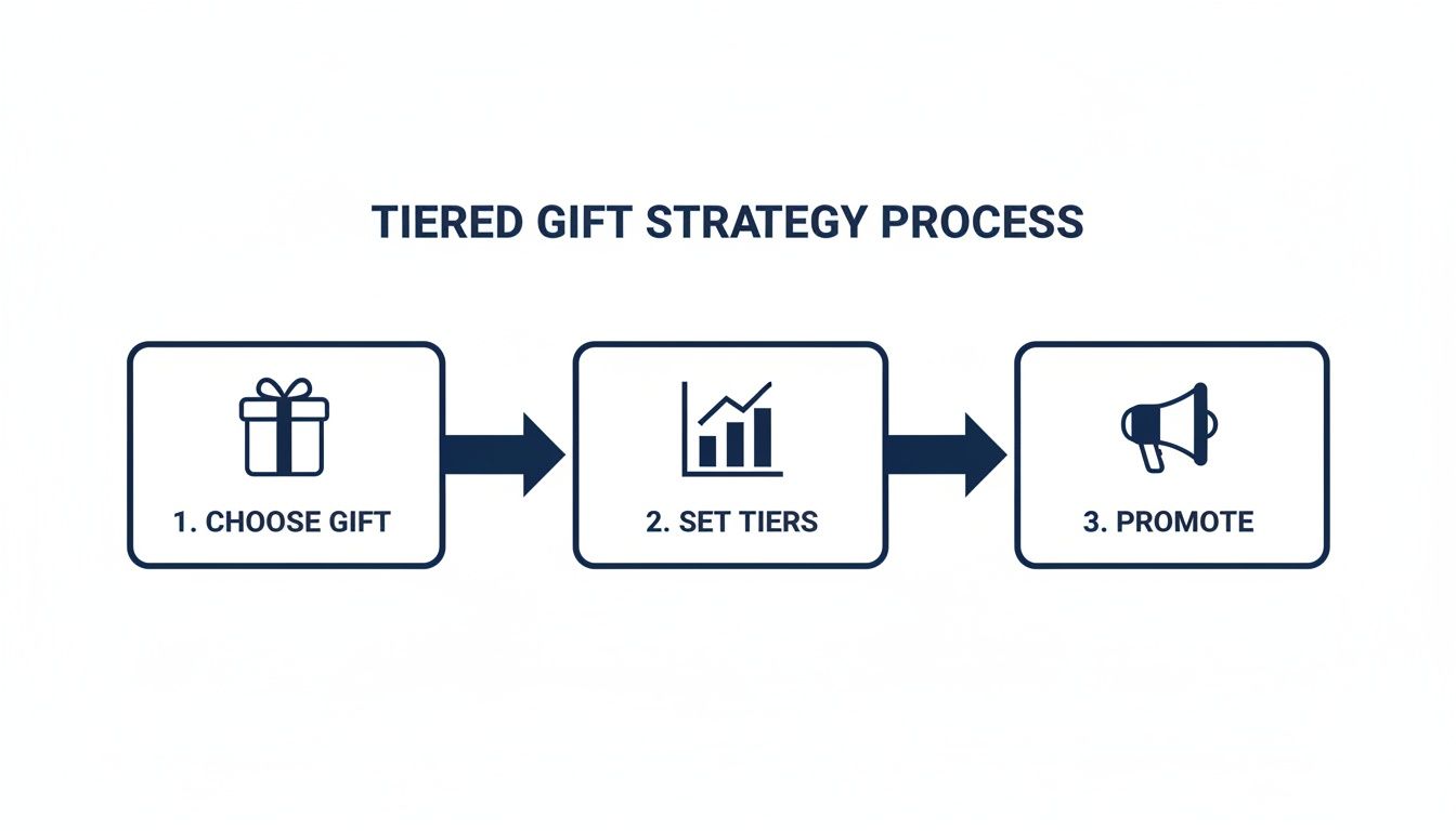Flowchart illustrating the tiered gift strategy process with steps: choose gift, set tiers, and promote.