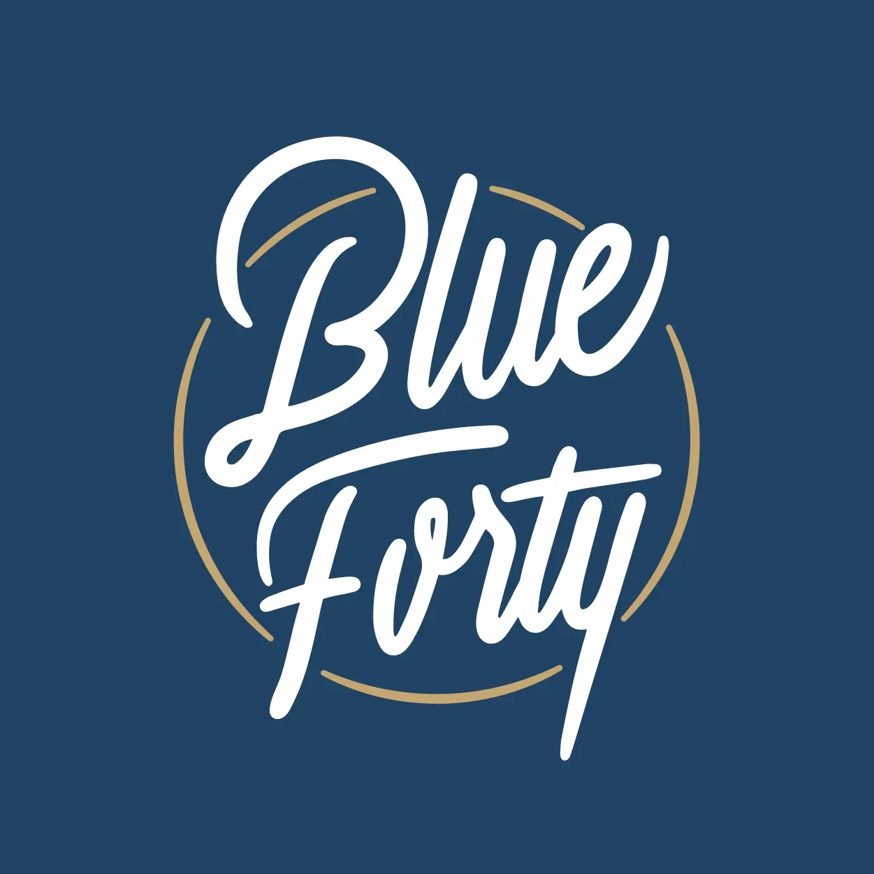 Blue Forty logo in white script letters contained within a circular gold outline creating a badge.