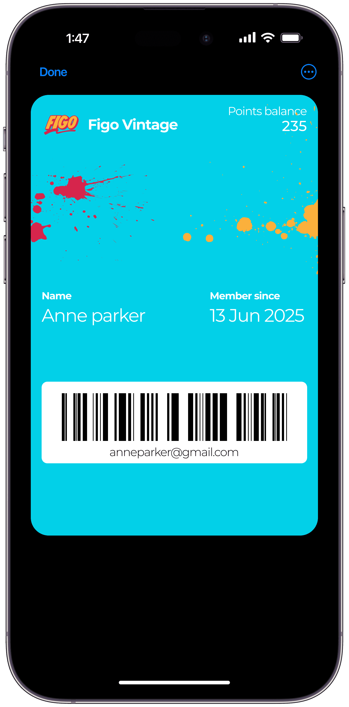 A digital rewards card on a smartphone screen with splashes of red & gold.