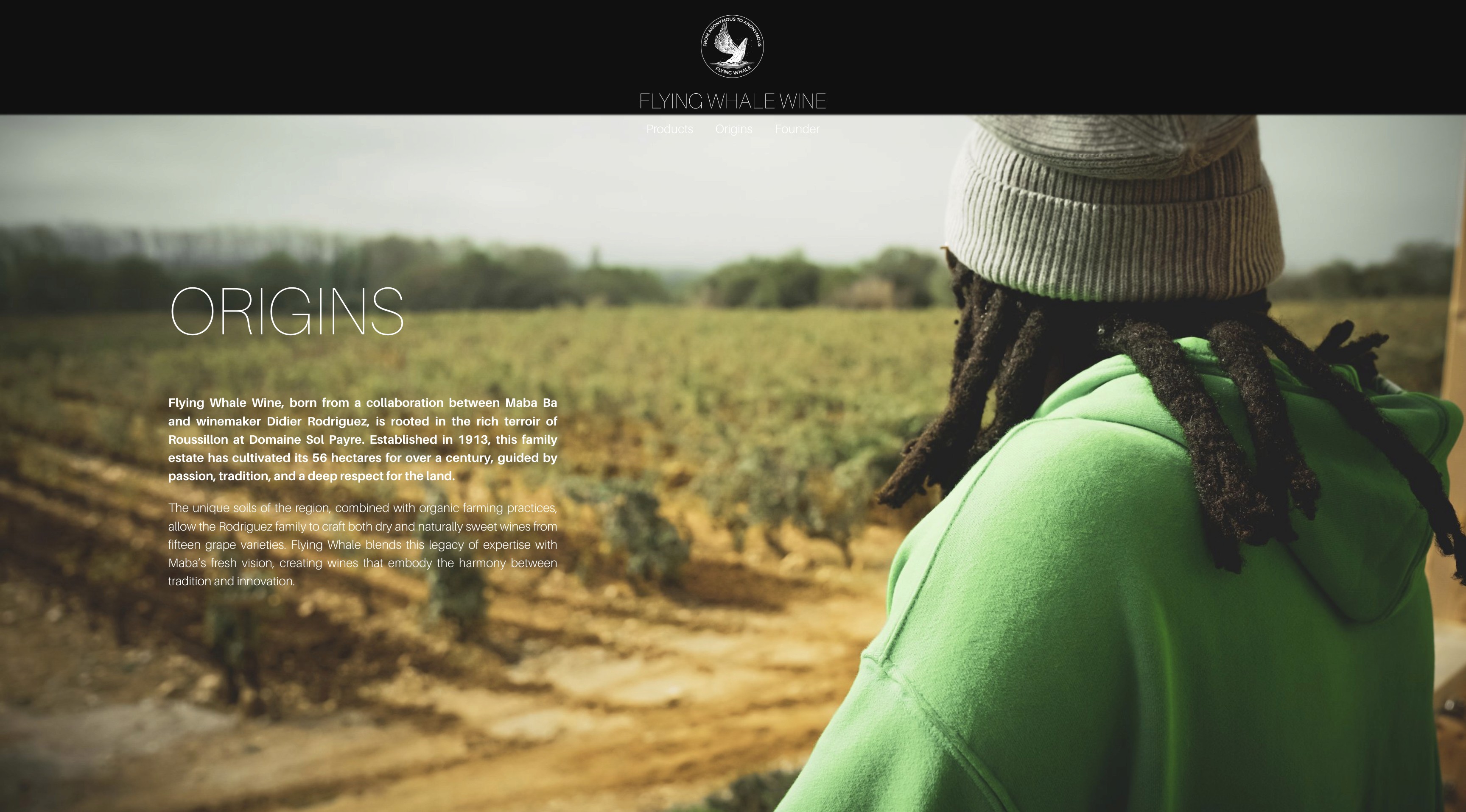 Website design and development for Flying Whale Wine by VaporAviator, crafted on Squarespace with a modern and elegant visual identity.