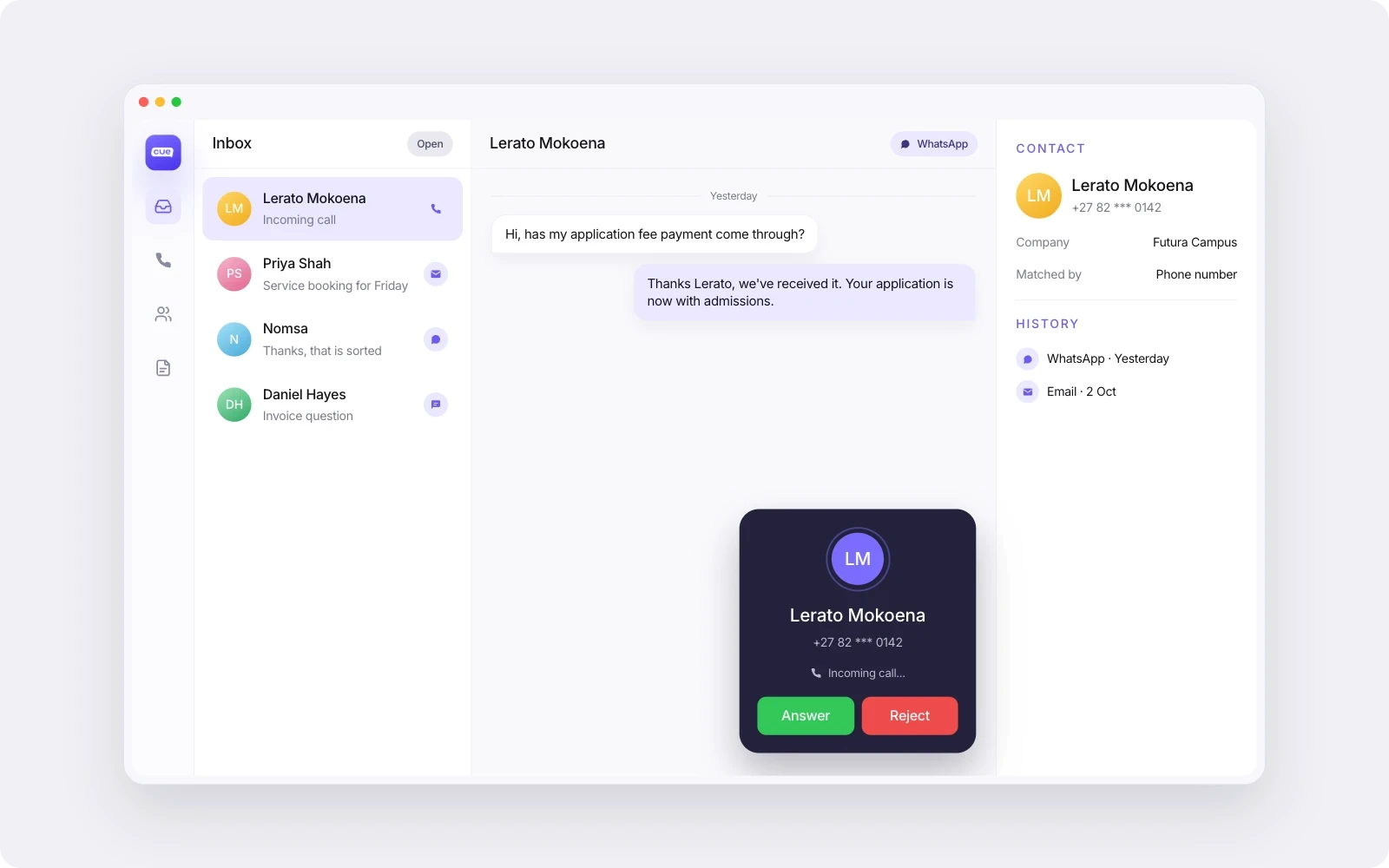 An incoming call in Cue matched to the customer's contact, with their earlier WhatsApp messages visible.