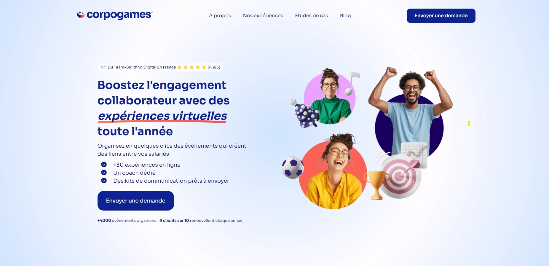 Page d’accueil du site Corpogames mettant en avant des expériences virtuelles collaboratives pour les entreprises, client ayant automatisé la génération de devis et factures.