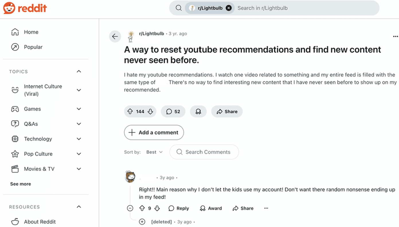 YouTube users writing on Reddit about wanting to reset recommendation algorithms