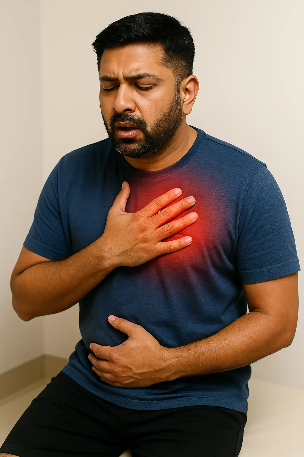 A man clutching his chest with a pained expression and a red glow highlighting discomfort, indicating reduced endurance and breathlessness.