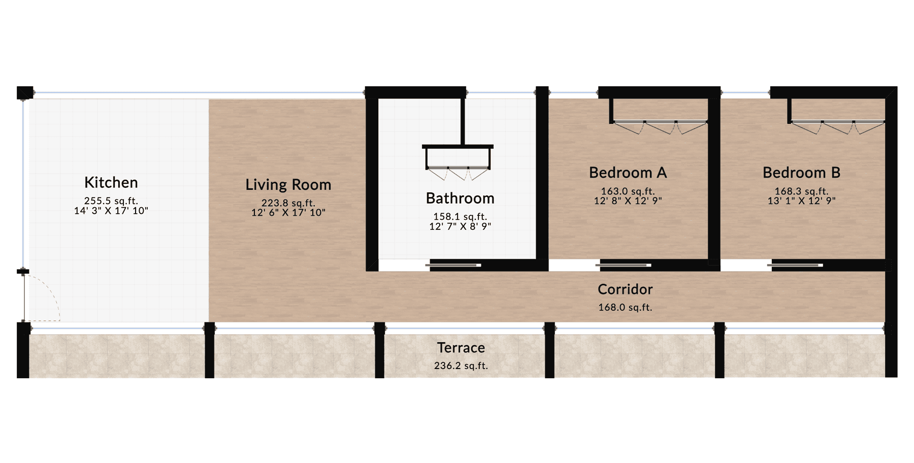 Empty floor plan of a spacious two-bedroom apartment featuring a large terrace, labeled kitchen, living room, bedrooms, bathroom, and corridor.