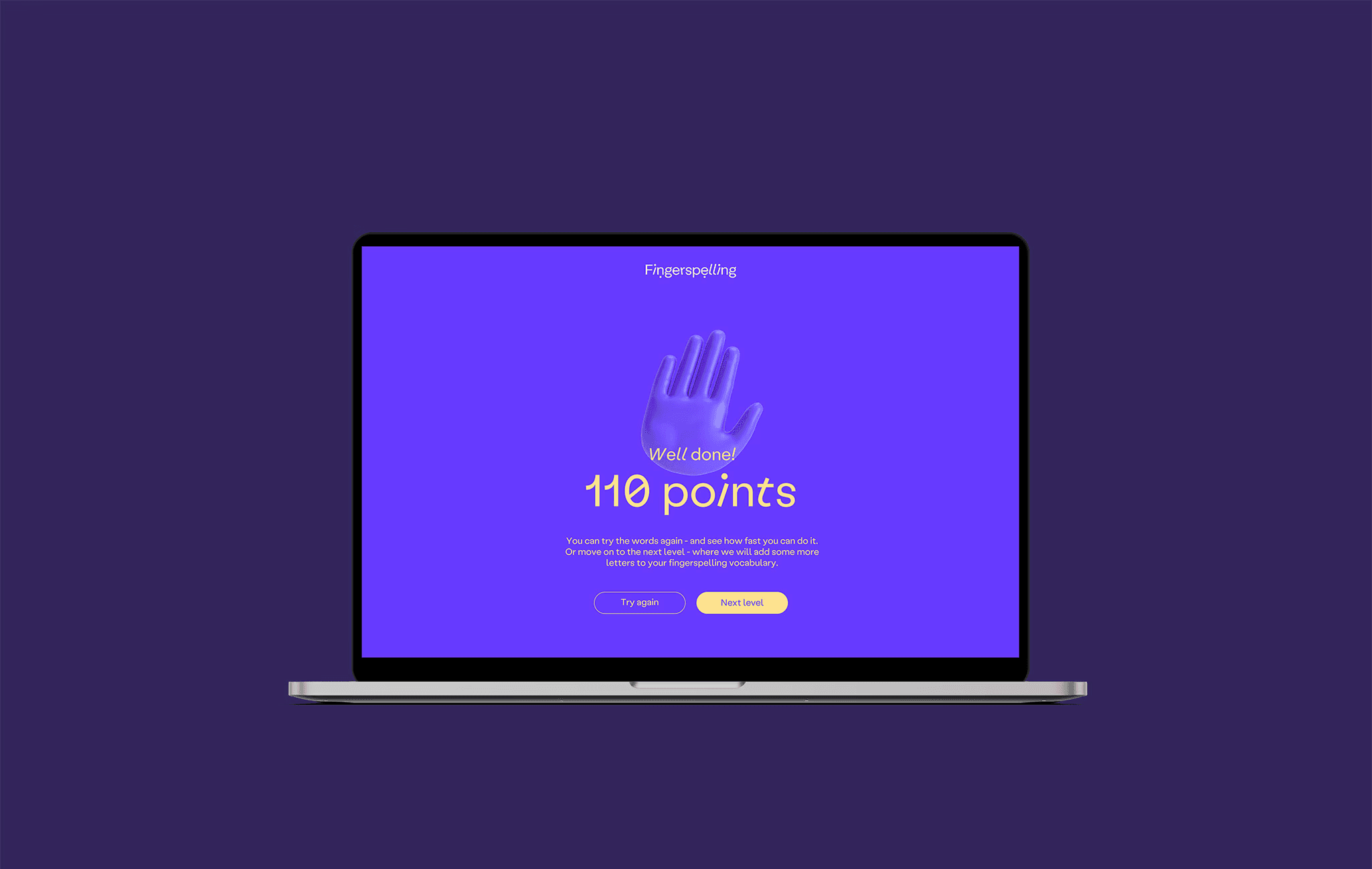 A silver laptop displays a "110 points" achievement screen on a bright purple background. This gamification strategy demonstrates how the Swiss design agency uses interactive feedback to keep students engaged in learning sign language.