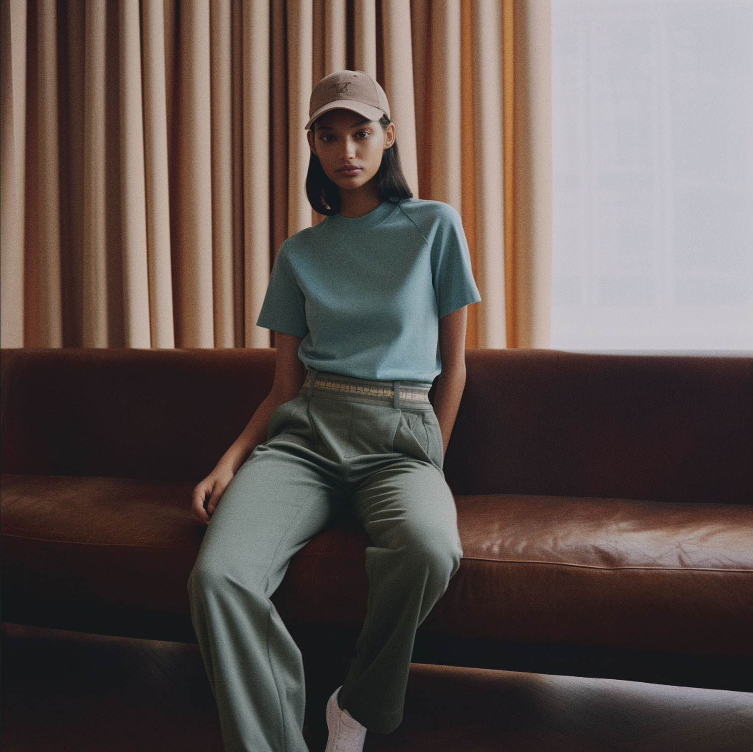 Woman in blue shirt and beige baseball hat sitting on leather couch