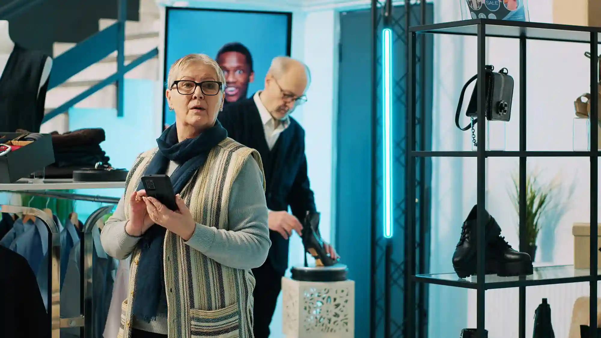 An elderly woman uses her smartphone while browsing a modern, high-tech clothing boutique with digital displays and racks.