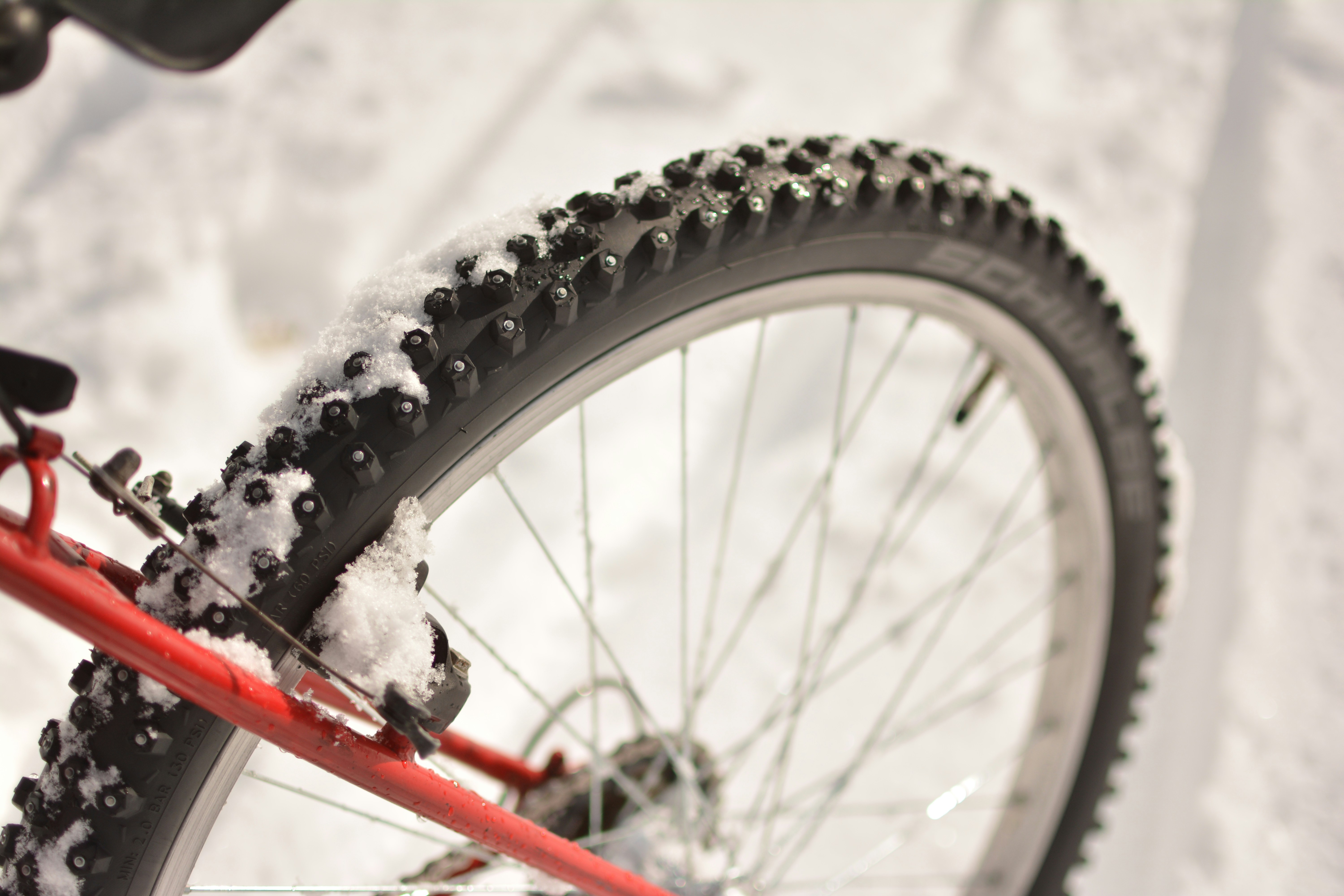 Snow-covered bicycle with studded winter tires.
