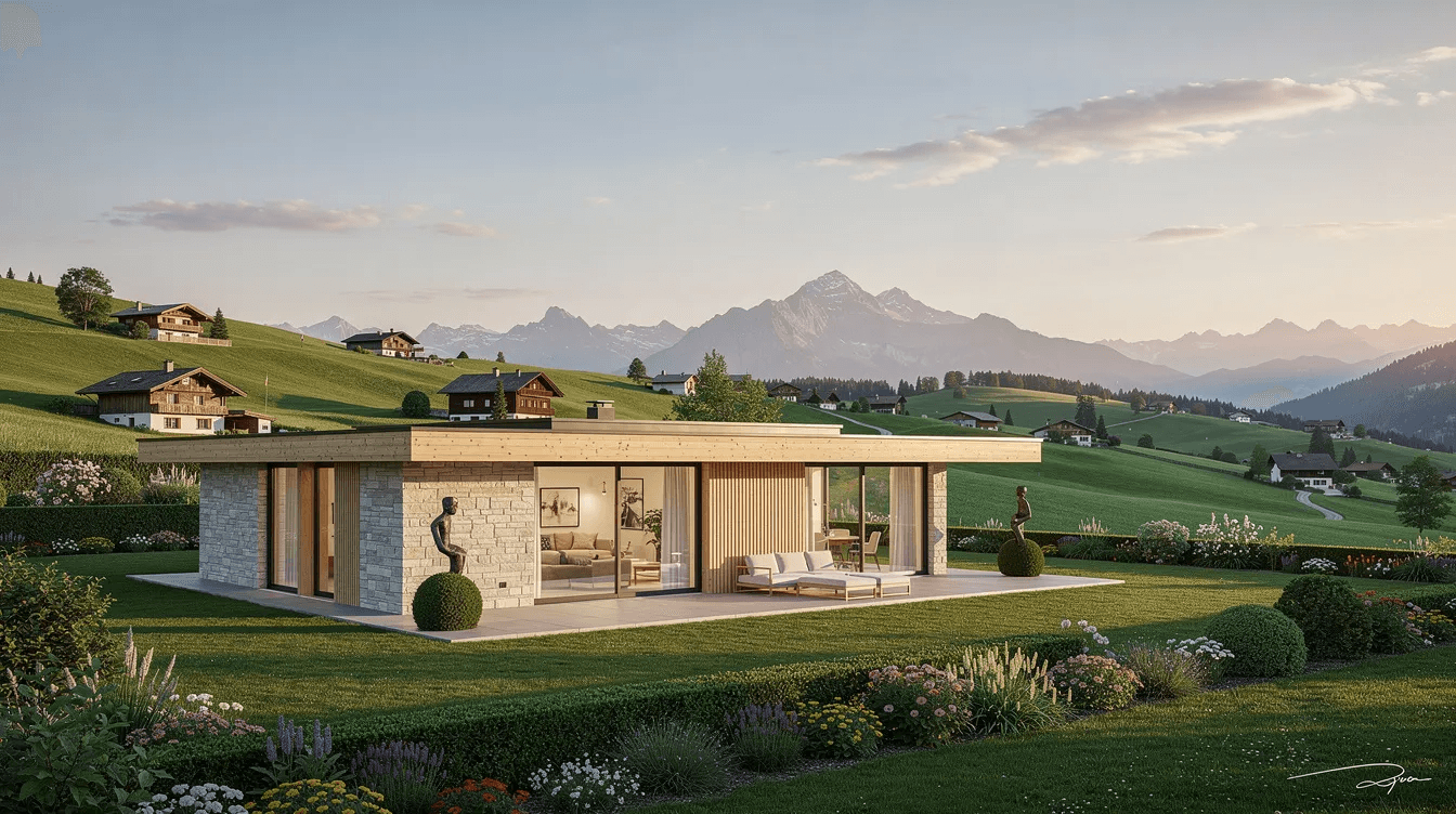 Die moderne Villa in ländlicher Umgebung der Schweiz präsentiert sich mit einem gepflegten Garten und einem beeindruckenden Panoramablick. Diese Liegenschaft in Hedingen, ideal für den Immobilienverkauf, spiegelt durch Sorgfalt und fachliches Wissen die hohe Qualität des Angebots wider.