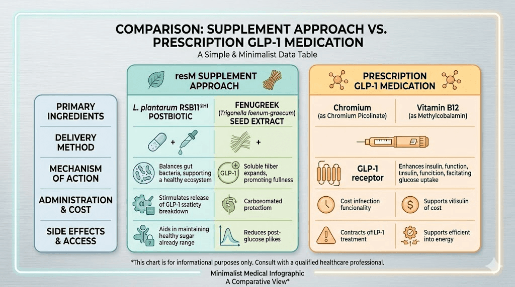 resM postbiotic supplement versus prescription GLP-1 medication comparison