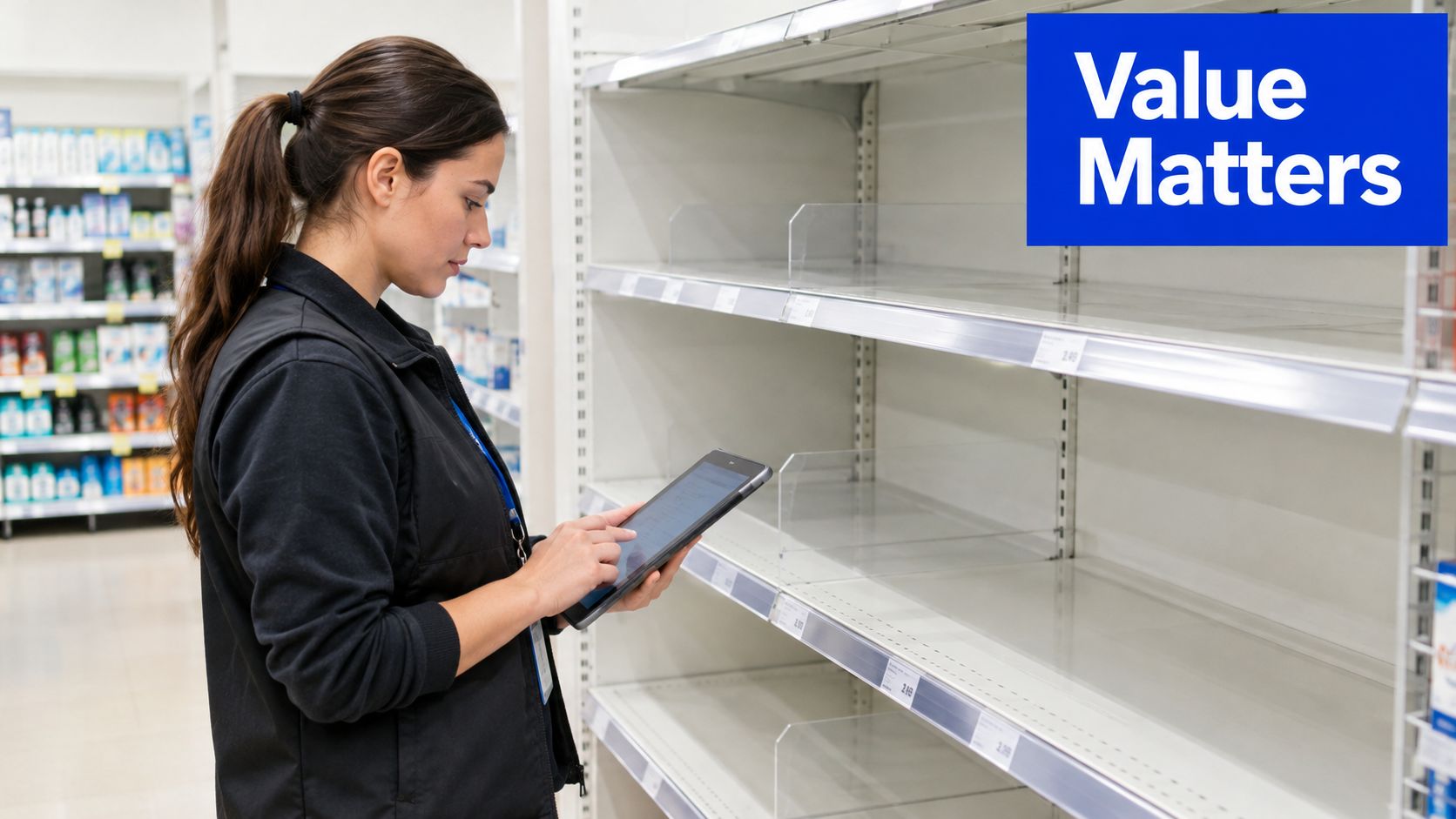 A store employee uses a digital tablet to manage inventory in an aisle with empty retail shelves.
