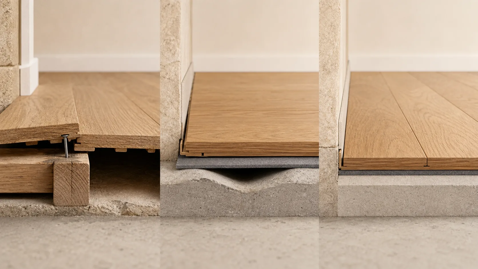 Trois causes possibles d’un parquet qui grince : fixation, support et contact entre lames