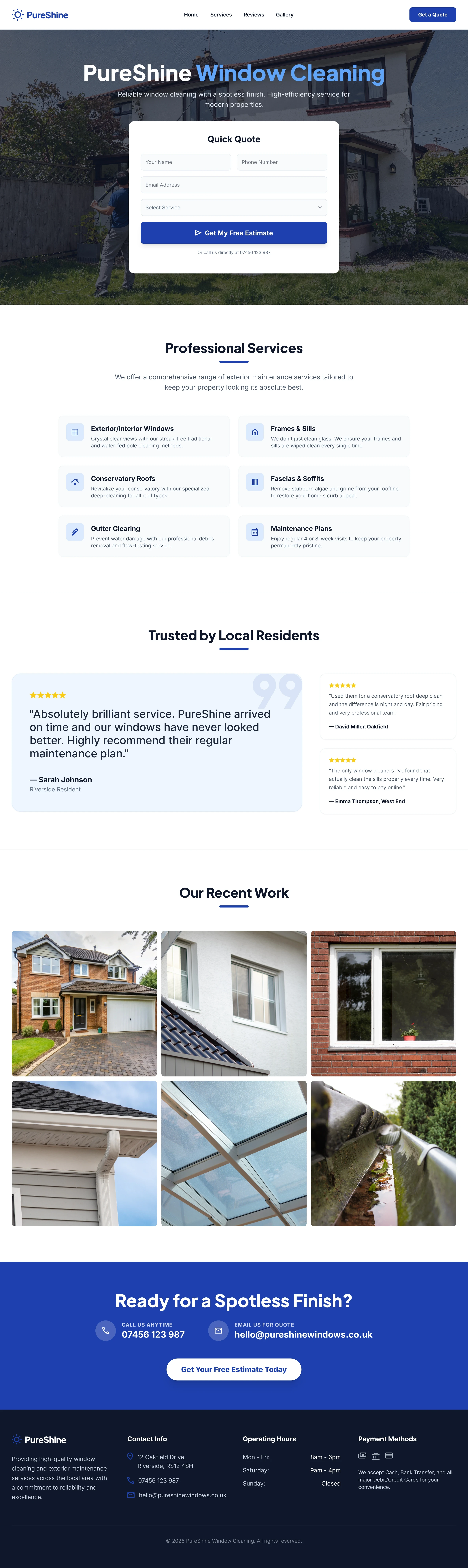 Hero Section of a Window Cleaning Small Business Website showing a main title and a form to collect leads.