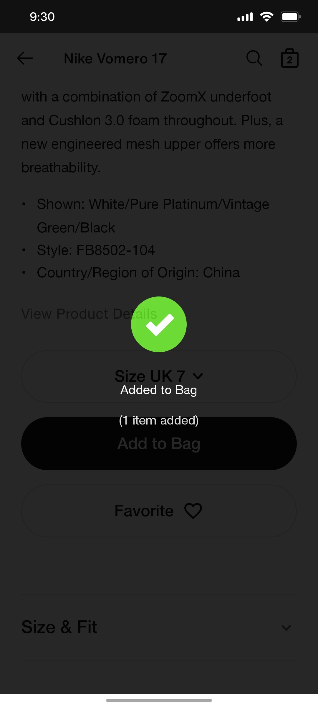 Nike App Added to Bag Screen