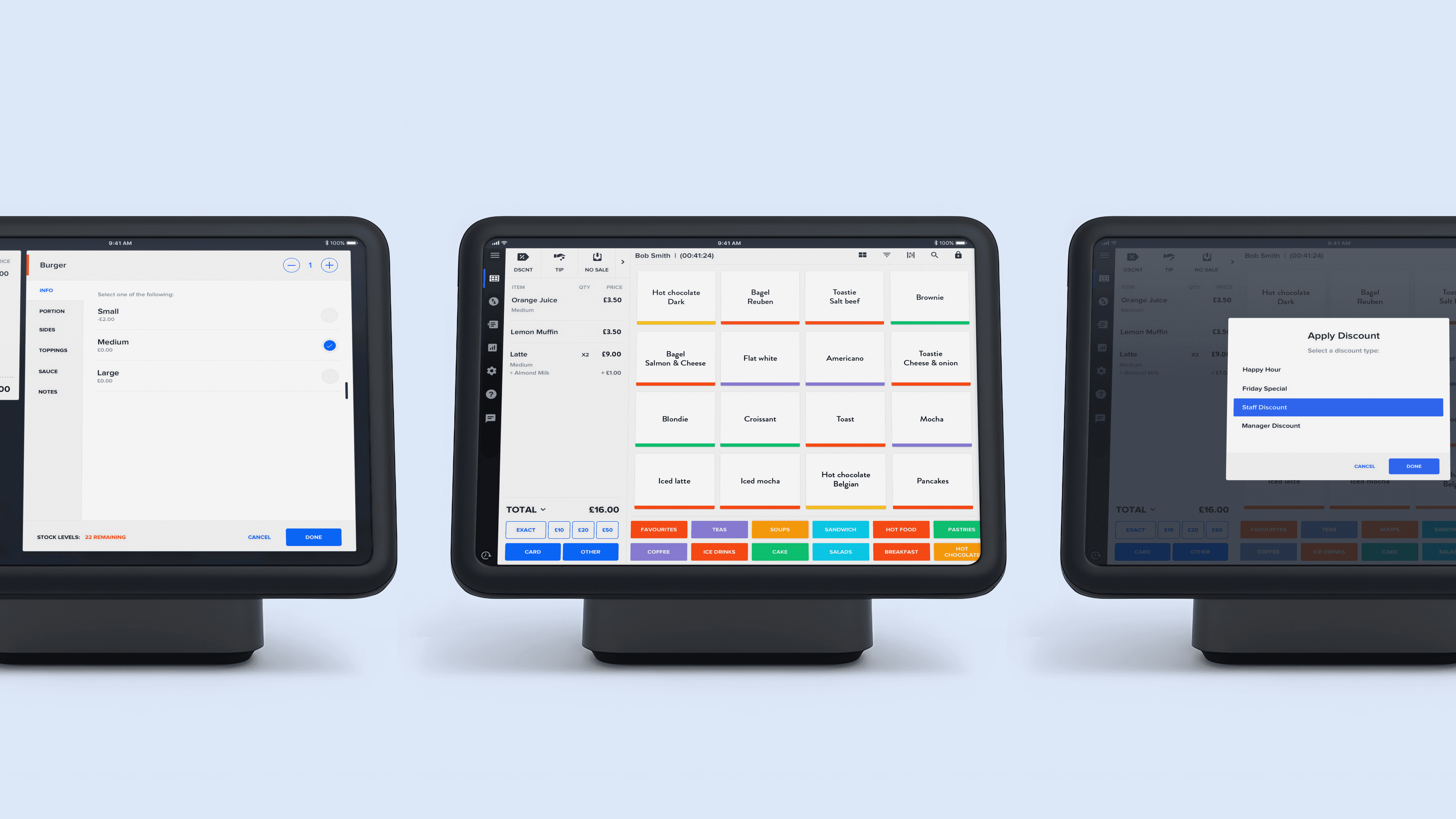 Three-screen layout of Akru POS interface showing item selection, product grid, and discount application